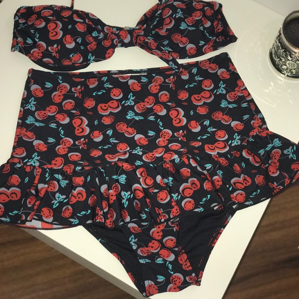 Black and red cherry high waisted bathing suit